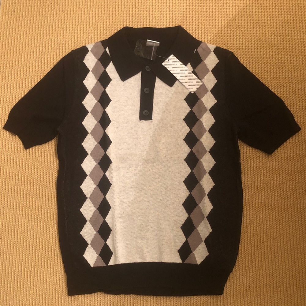 Urban Outfitters Black & Gray Argyle Short-Sleeve Polo
